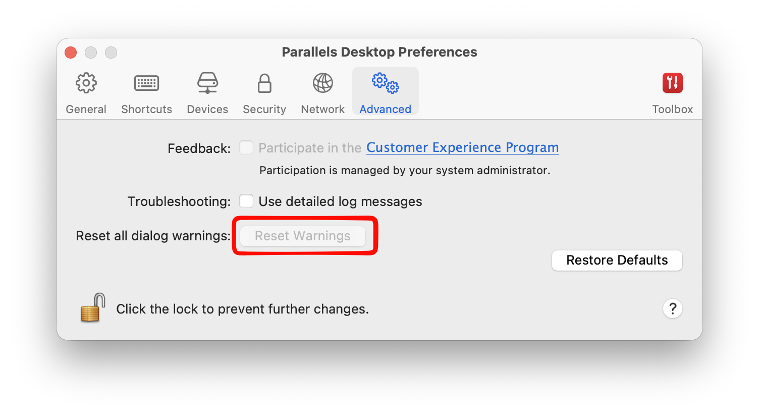 Parallels Desktop Reset Warnings