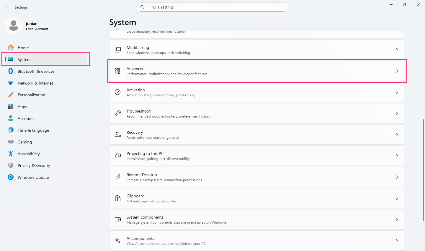 Settings -> System -> Advanced