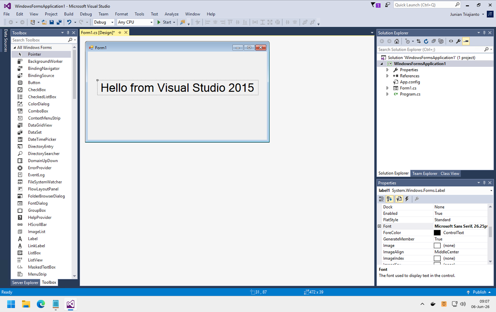Visual Studio 2015 New Windows Forms Project