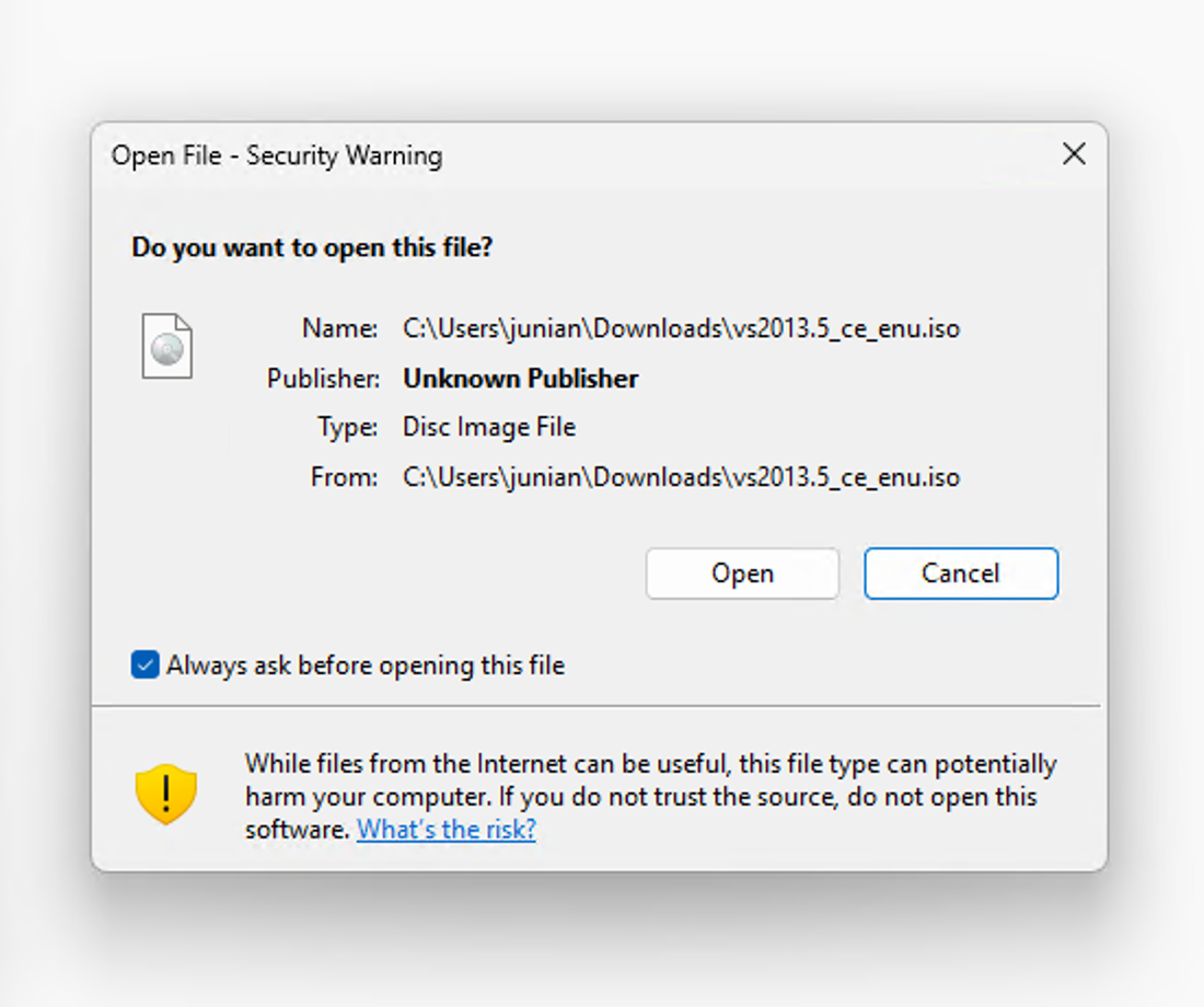 Visual Studio 2013 Security Warning