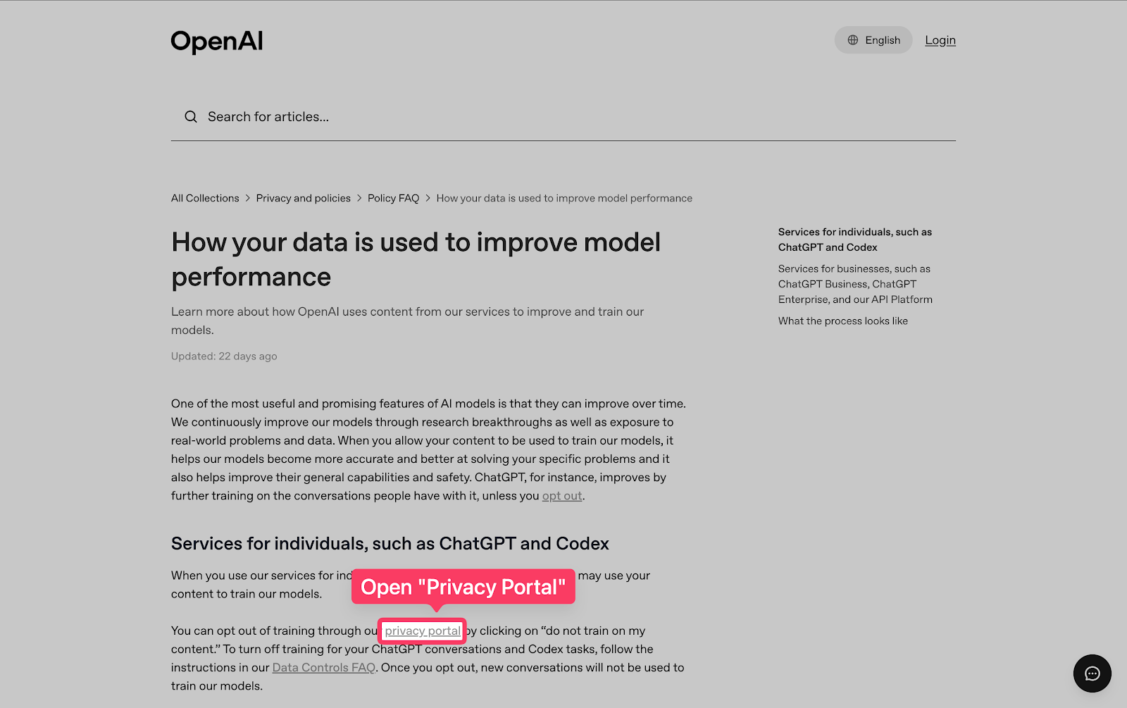 ChatGPT Help Article with Suspiciously Small Useful Text Link