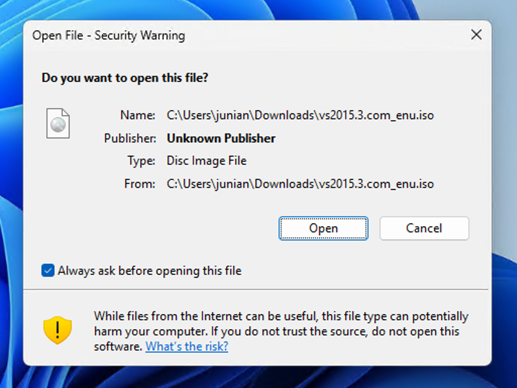 Visual Studio 2015 Security Warning