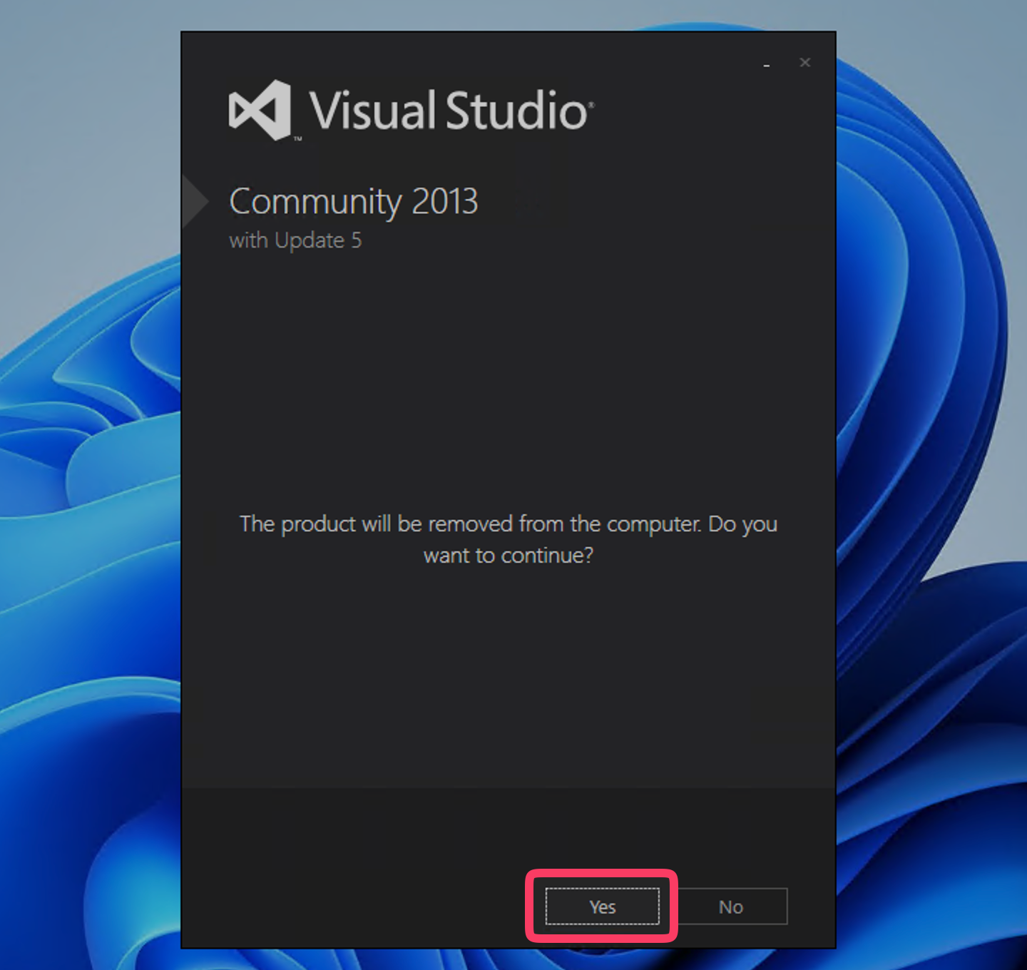 Confirmation to Uninstall Visual Studio 2013
