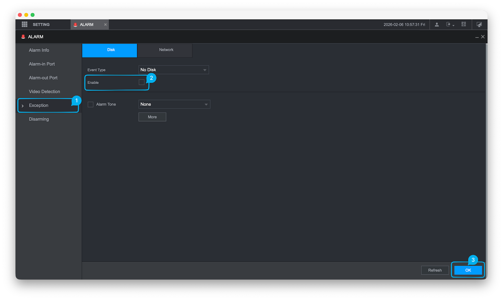 Dahua disable No Disk event exception method