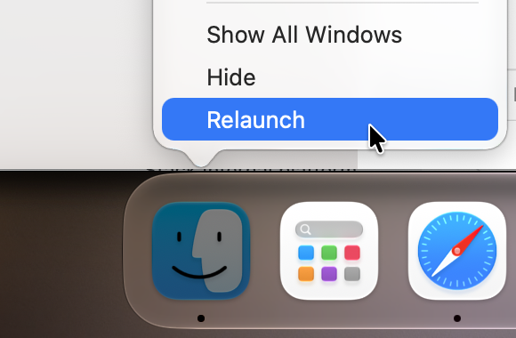 Finder Relaunch by right-clicking the Dock icon