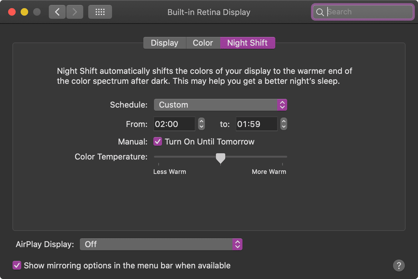macOS Night Shift Options from System Preferences macOS Night Shift Options from System Preferences