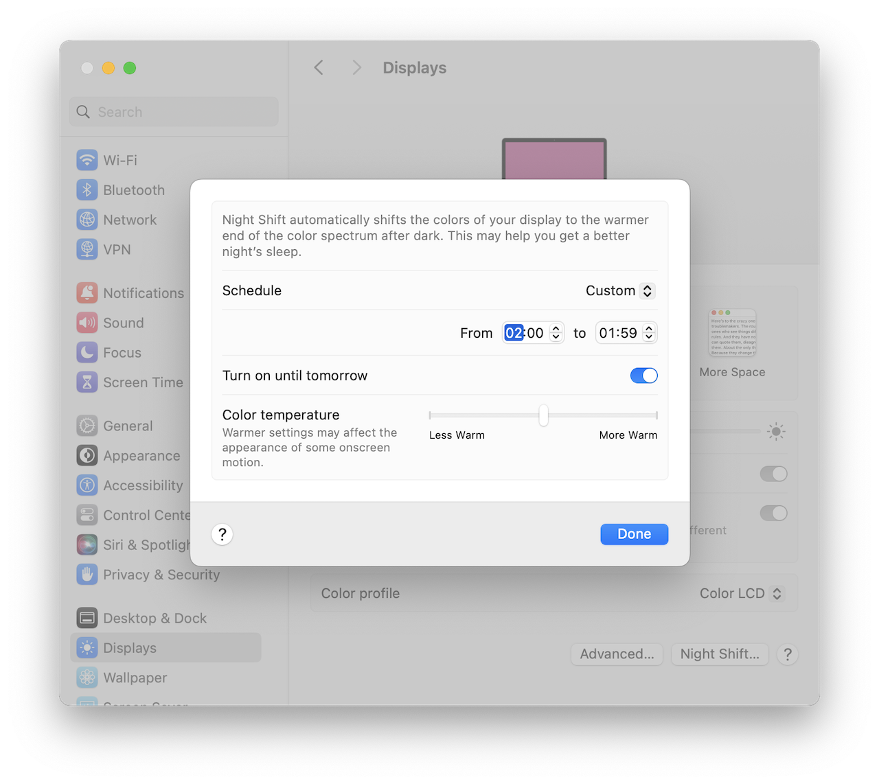 macOS Night Shift Options from System Settings macOS Night Shift Options from System Settings