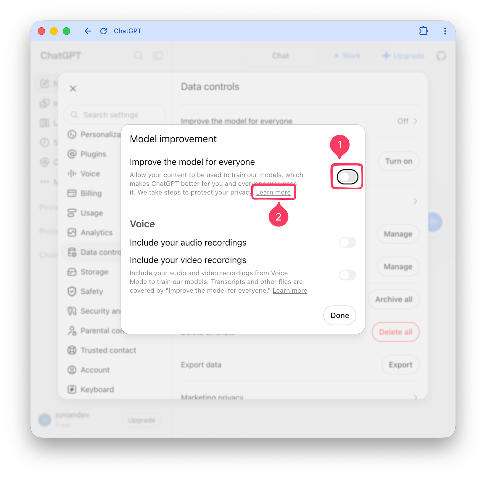 ChatGPT Model Improvement dialog