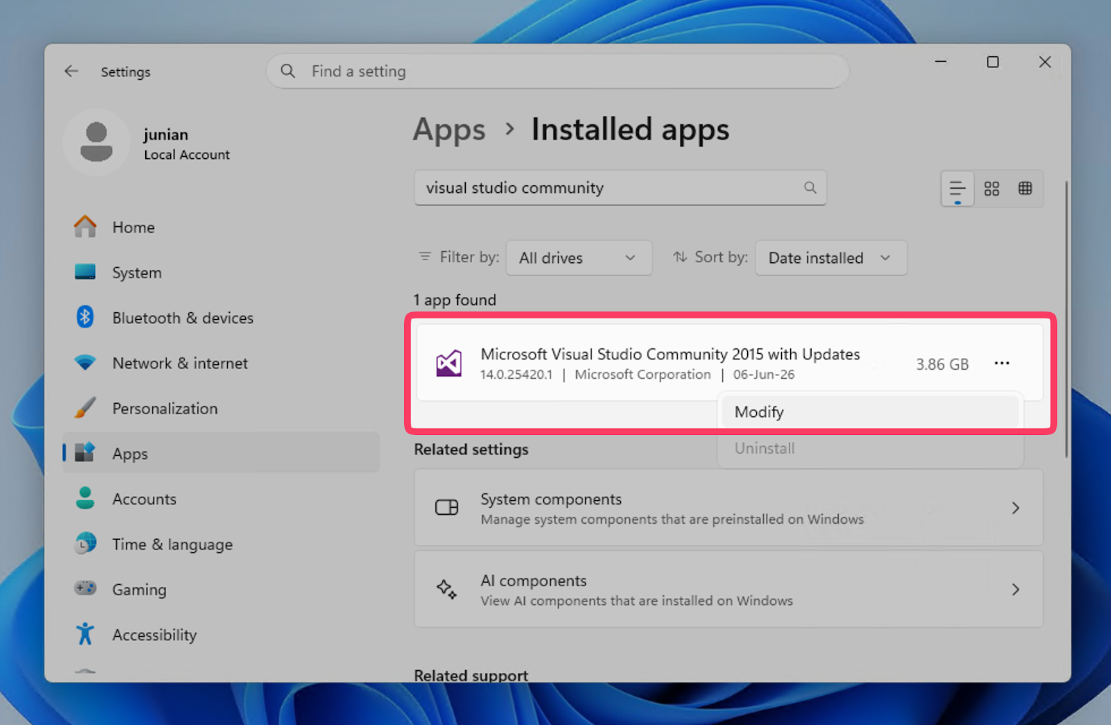 Visual Studio 2015 in Settings