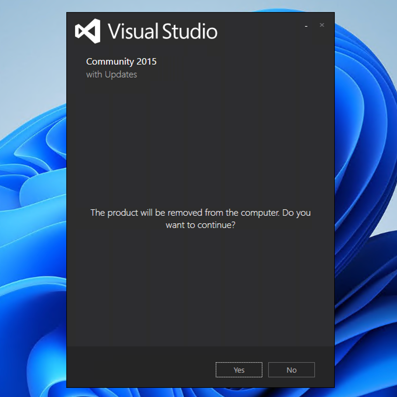 Visual Studio 2015 Uninstall Confirmation
