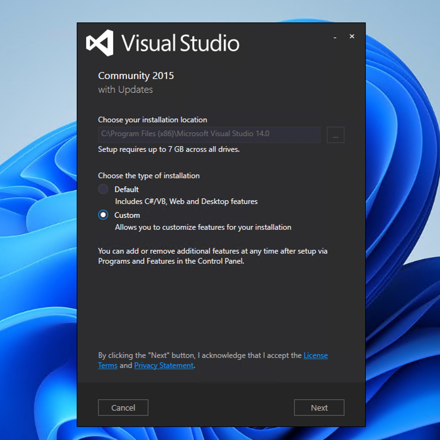 Visual Studio 2015 Custom Install
