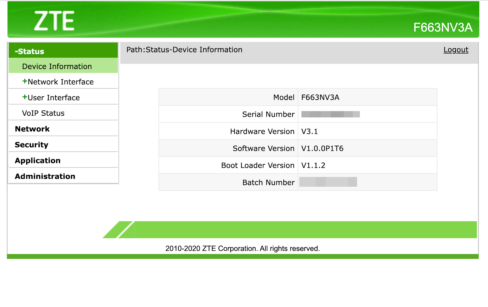 ZTE F663NV3A Administrator Web UI Dashboard