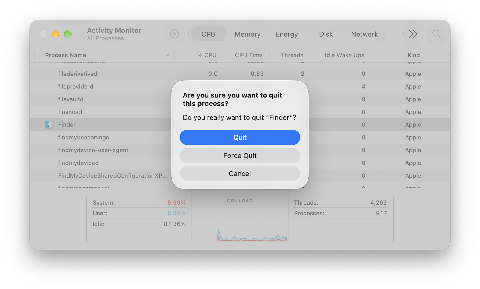 Finder Quit or Force Quit from Activity Monitor