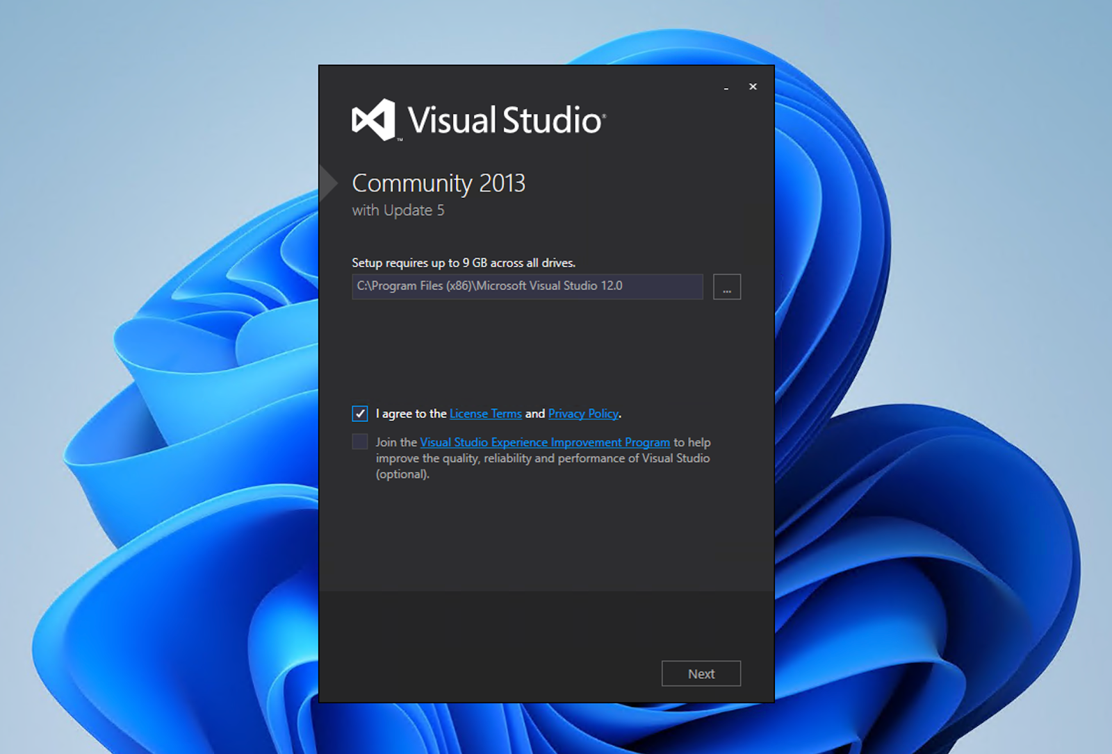 Agree to Visual Studio 2013 ToS and Privacy Policy