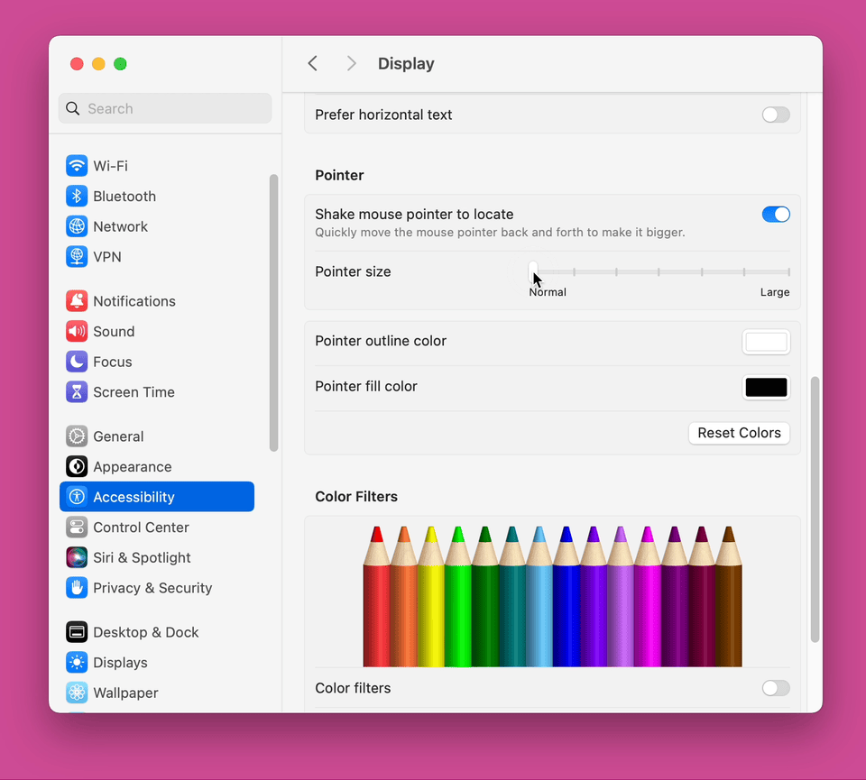 System Preferences → Accessibility → Display → Pointer System Preferences → Accessibility → Display → Pointer