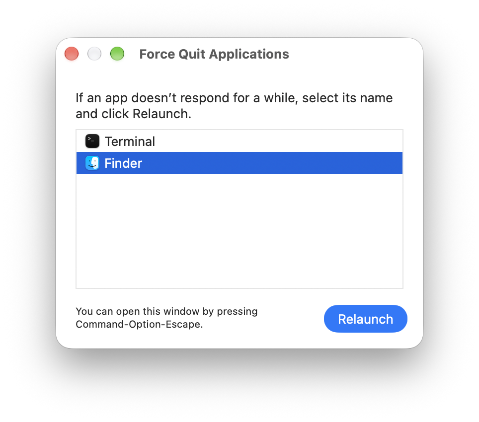 Finder relaunch from Force Quit Applications window