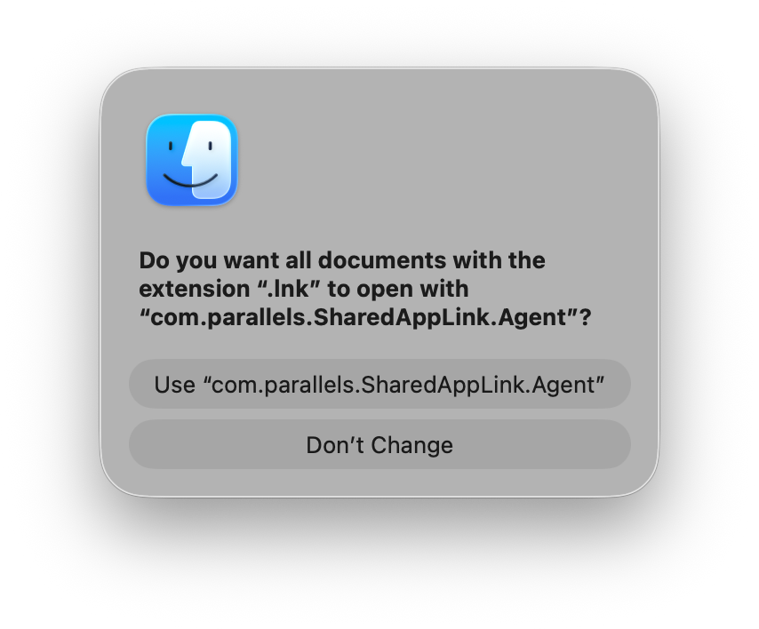 Parallels Desktop .lnk dialog