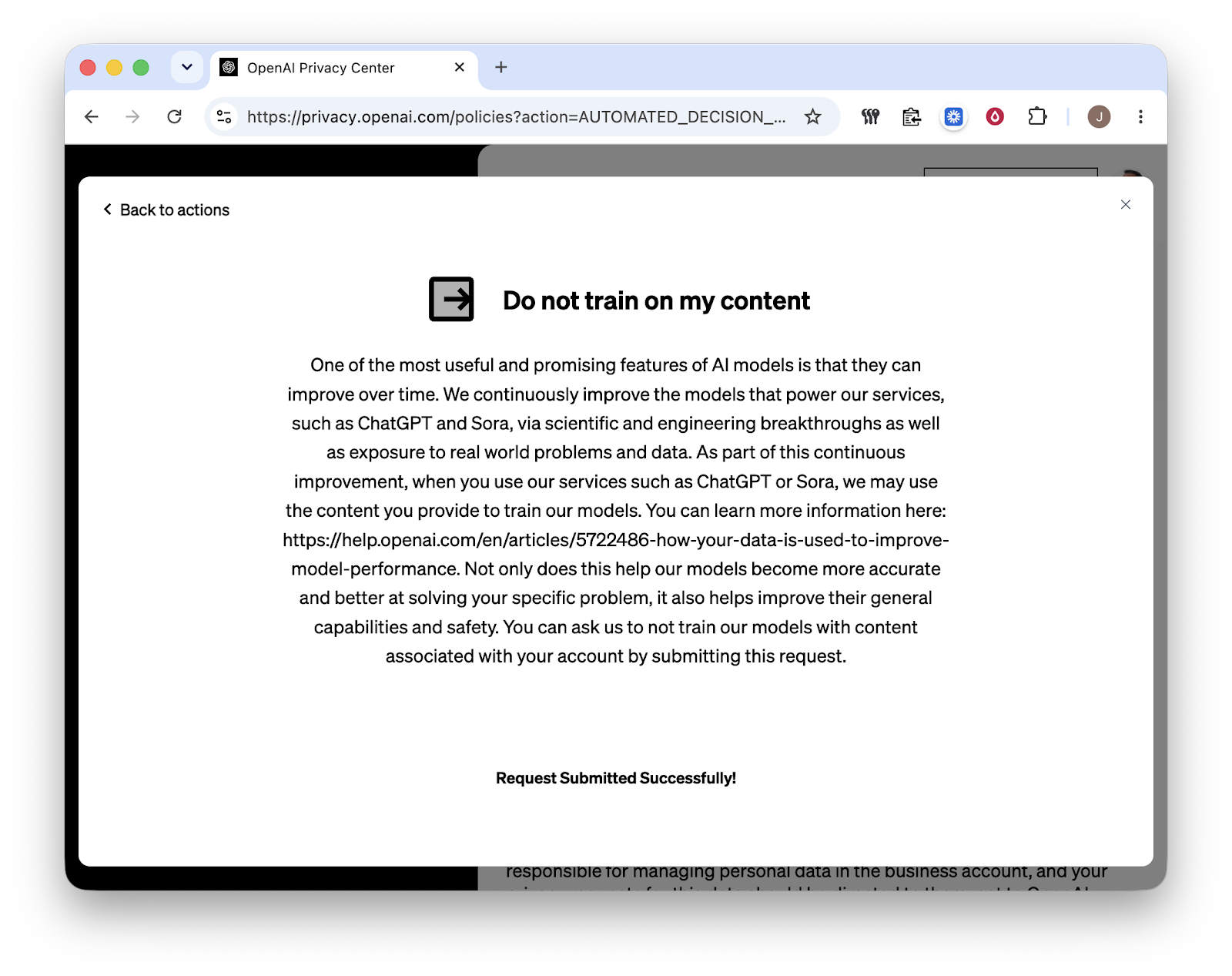 OpenAI no data train submitted